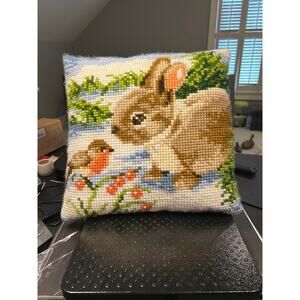 Decorative Stitched Bunny and Robin Pillow